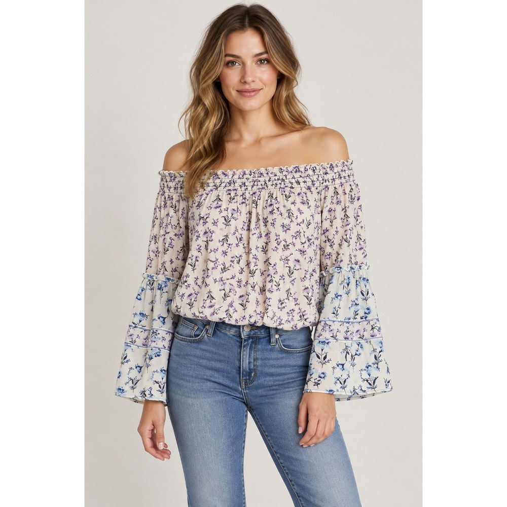 Free People Floral Blouse Womens Small Boho Cottagecore Smocked Bell Sleeve Top